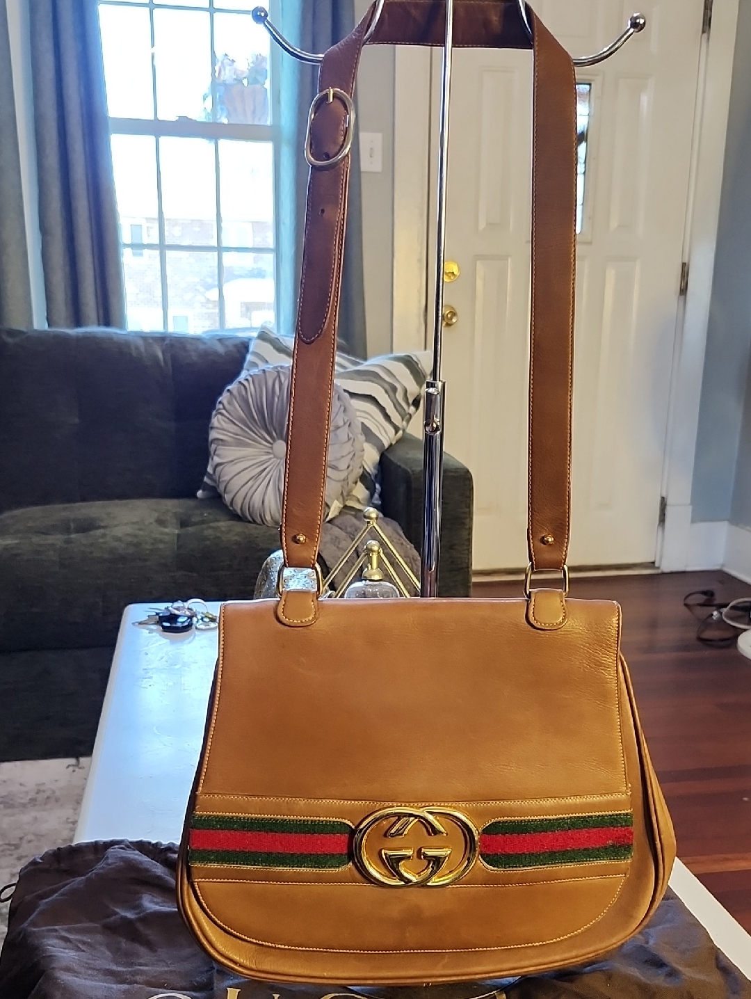 Gucci Tan Leather Shoulder Bag With Signature Web Stripe